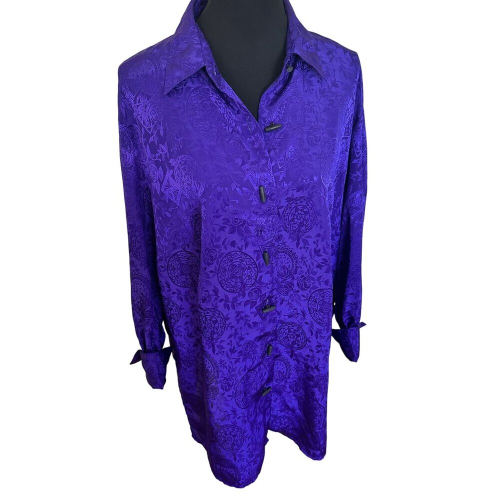 Vtg Womens Purple Tunic Top Button Up Blouse 18W 90s Jaclyn Smith Collar Floral